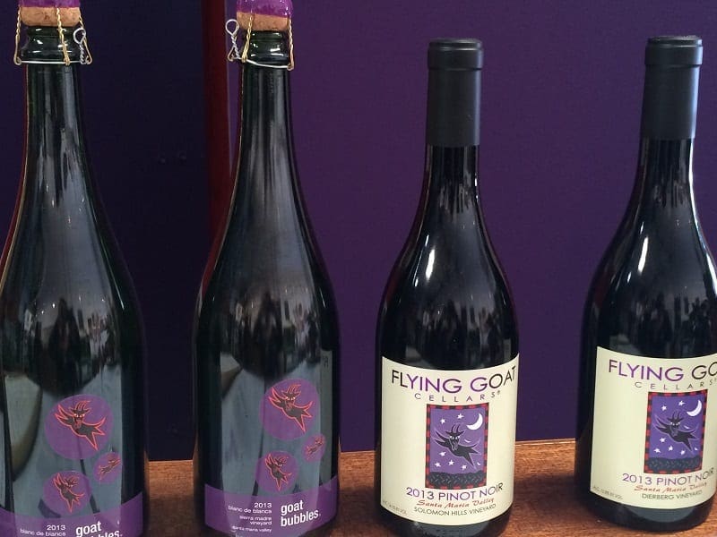 Bottles of Flying Goat pinot noir and 'goat bubbles'