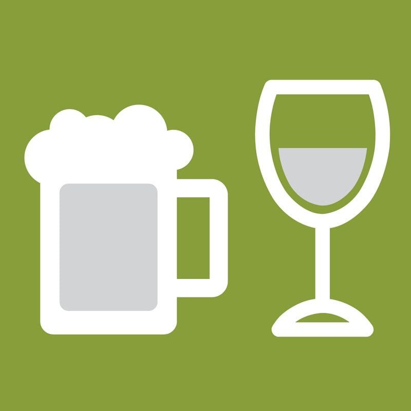 Illustration; a beer and a glass of wine, white lines on a green background