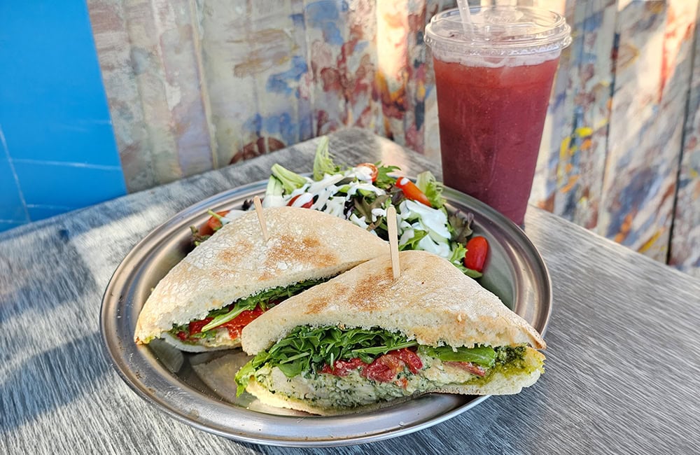 Delicious sandwich with fresh vegetables and berry drink in Lompoc California.