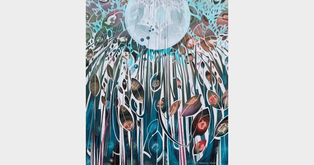Nancy Yaki Art 'Blueberry Moon" on display at Flying Goat Cellars 2023