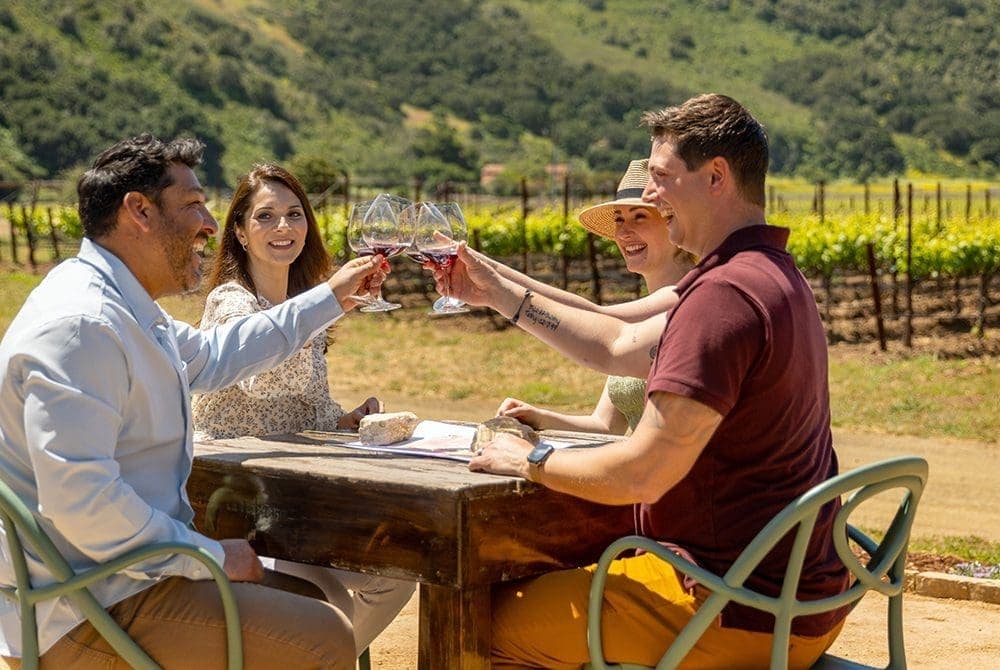 Four people toast with wine glasses at an outdoor wooden table, surrounded by vibrant flower fields in a picturesque vineyard setting.