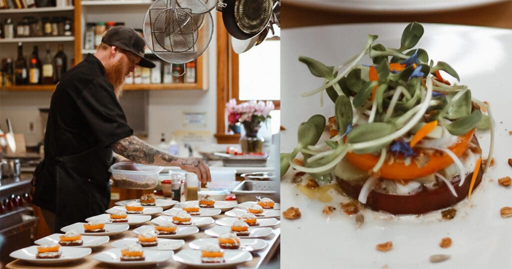 Image of chef preparing food and an appetizer