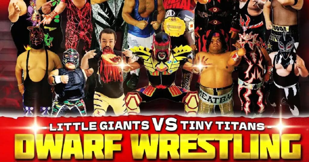 A vibrant promotional poster for Dwarf Wrestling: Little Giants vs Tiny Titans showcases wrestlers in elaborate costumes, all set to clash at the Flower City Ballroom. Dont miss the thrilling showdown featuring the Extreme Dwarfanators!.