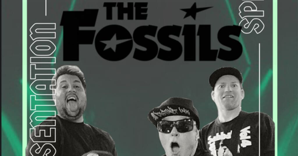 Black and white poster of a band named The Fossils, featuring three men in various poses. The word Presentation is partially visible on the border with a star symbol integrated into the design. Catch them live at Flower City Ballroom for an unforgettable Fossils concert experience.