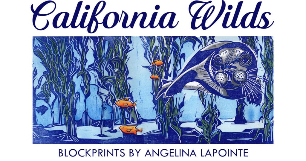 Explore the enchanting California Wilds: Blockprints by Angelina LaPointe, featuring a captivating illustration of a sea otter underwater with kelp and fish. This piece, part of the Cypress Art Gallery collection, captures natures beauty with exquisite detail.