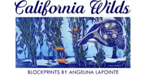 Explore the enchanting California Wilds: Blockprints by Angelina LaPointe, featuring a captivating illustration of a sea otter underwater with kelp and fish. This piece, part of the Cypress Art Gallery collection, captures natures beauty with exquisite detail.