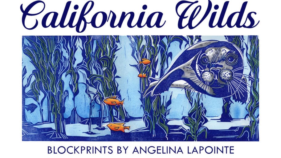 Explore the enchanting California Wilds: Blockprints by Angelina LaPointe, featuring a captivating illustration of a sea otter underwater with kelp and fish. This piece, part of the Cypress Art Gallery collection, captures natures beauty with exquisite detail.