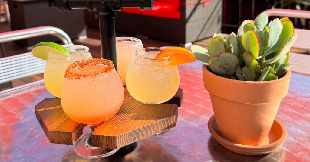 Four expertly crafted cocktails sit on a wooden holder, each garnished with lime, chili, and orange slices. Next to them, a potted succulent adds charm to the metal table. Its all about making Pour Decisions when it comes to indulging in fine drinks.