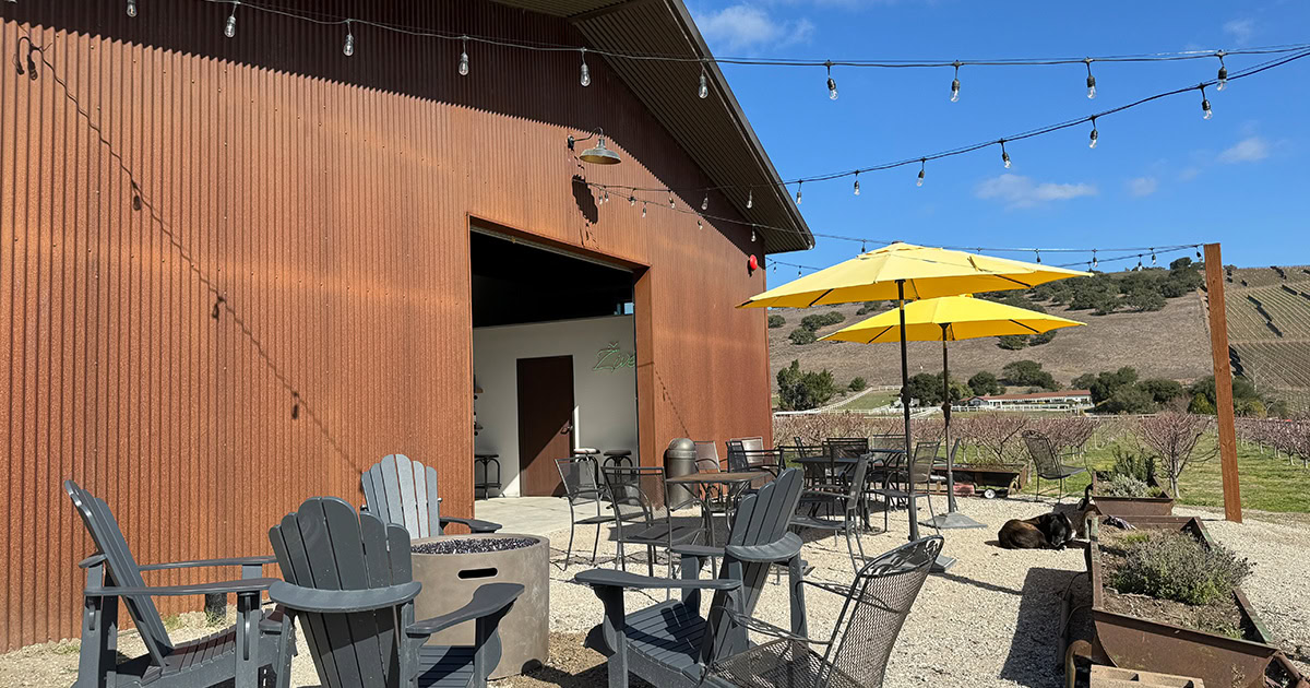 Outdoor seating area with gray Adirondack chairs, yellow umbrellas, and string lights beside a rust-colored building near vineyards under a clear sky—perfect for a Harvest Party or relaxing after Rock 12.