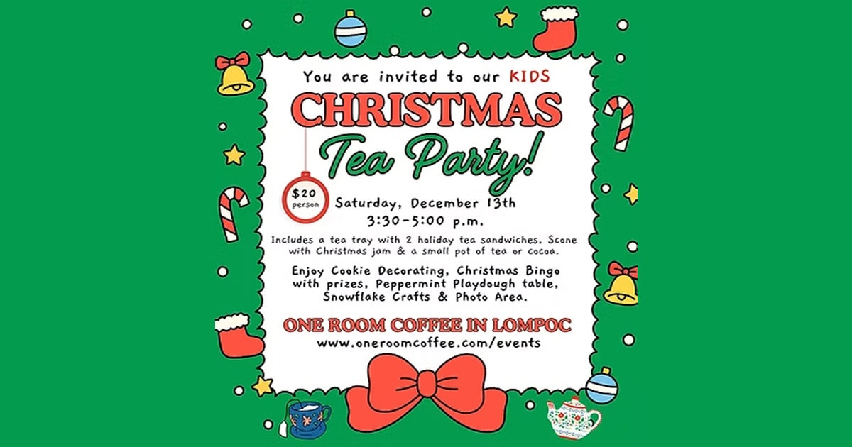 Colorful invitation for a Kids Christmas Tea Party, featuring festive icons, event details, and fun activities—all set on a cheerful green background. Perfect for celebrating a magical Christmas Tea Party!.