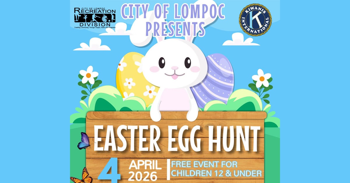 Colorful Easter egg hunt with bunny illustration in Lompoc, California event flyer.