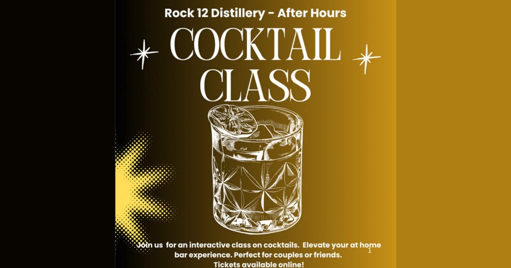 Lompoc California cocktail class poster with drink illustration and event details.