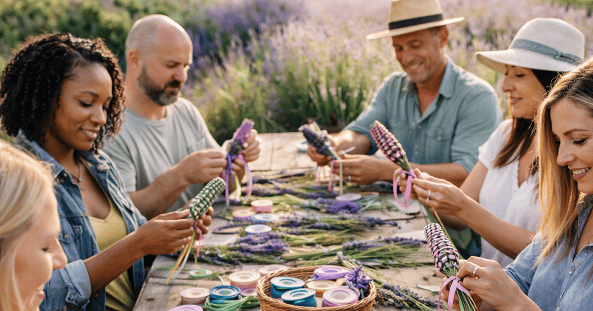 Colorful lavender-themed craft activity in Lompoc California lavender field.