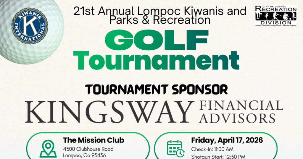 Lompoc California golf tournament flyer with Kiwanis and Kingsway Financial logos.