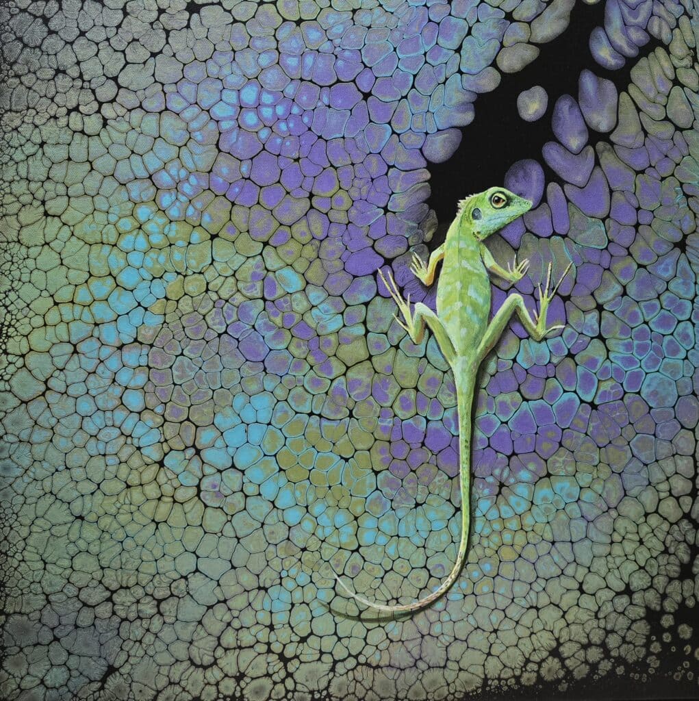 Lizard climbing on a vibrant, textured leaf in Lompoc, California.