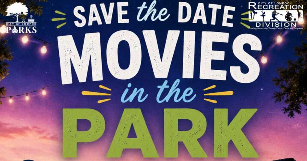 Outdoor movie night poster in Lompoc, California with colorful sunset background.