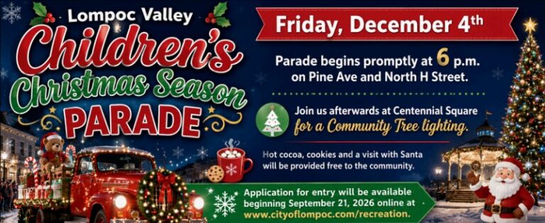Children's Christmas season parade in Lompoc Valley with festive floats and Santa.
