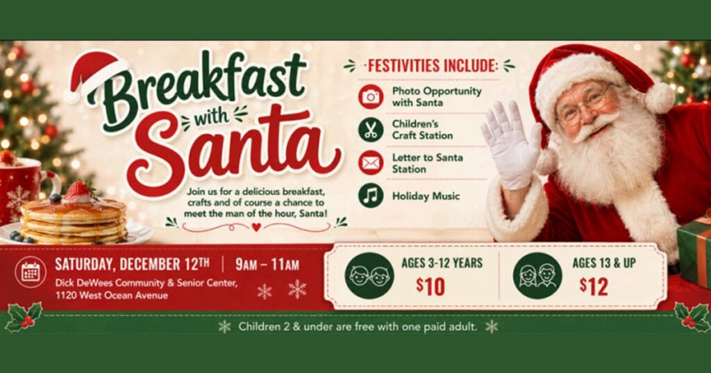 Santa Claus at breakfast event with children in Lompoc California during holiday season.