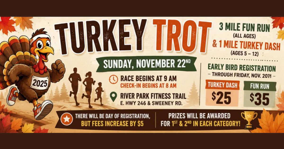 Lompoc California Turkey Trot race with mascot, date, and registration info.