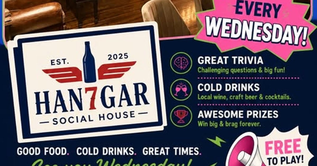 Flyer for weekly trivia night at Hangar 7 Social House in Lompoc, California.
