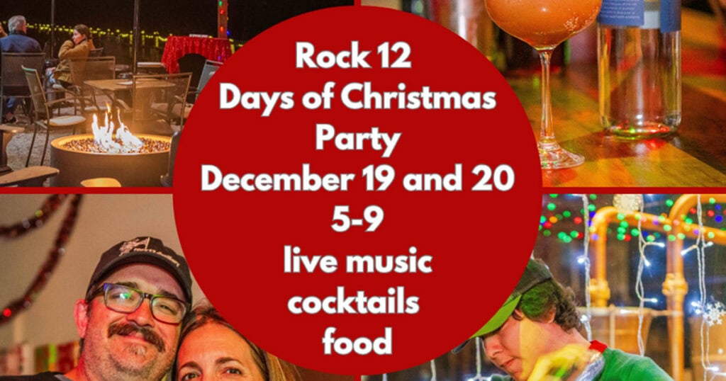 Festive event poster for Rock 12 Days of Christmas Party in Lompoc California.