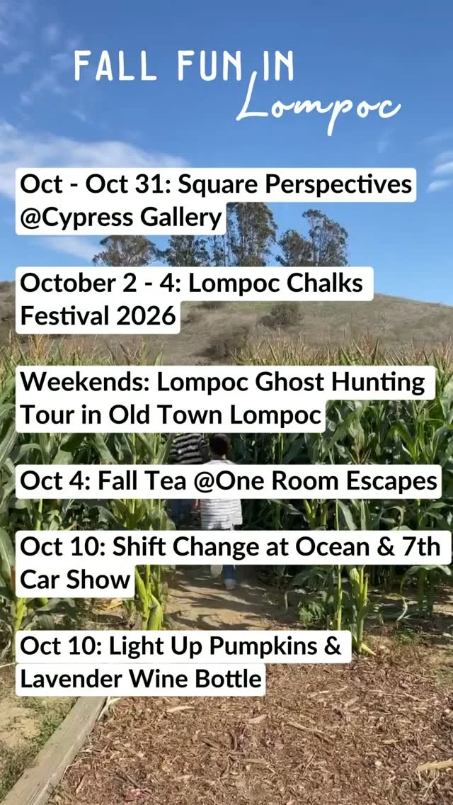 Fall fun is on the calendar in Lompoc. 🍂🎃

Try @thehauntghosttours, paint a glowing pumpkin at @santaritahillslavender, celebrate the harvest at @rock12distillery, or go swimming for pumpkins at Dunkin’ for Pumpkins. 

There’s plenty happening this fall, so pick your date and make a getaway out of it.

Comment "EVENTS" to see more fall activities on the calendar.